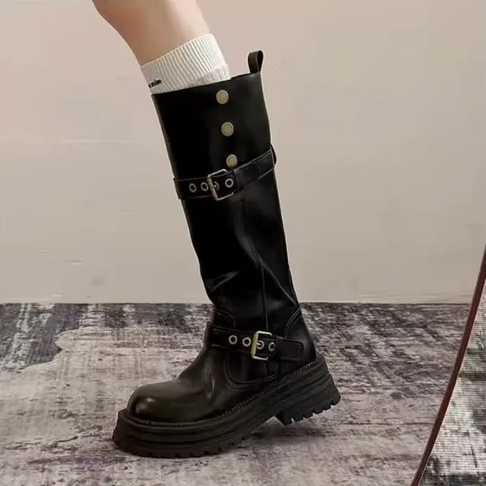 Bottes de moto hautes pour femme à plateforme épaisse, semelle à crampons, boucle de ceinture, style vintage, convertible avec revers pliable