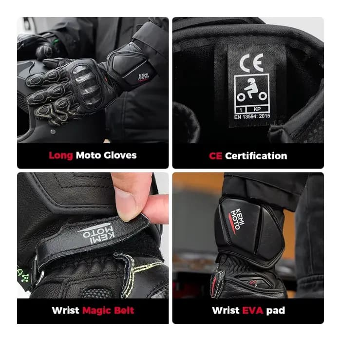 KEMIMOTO gants de Moto en cuir longue manchette